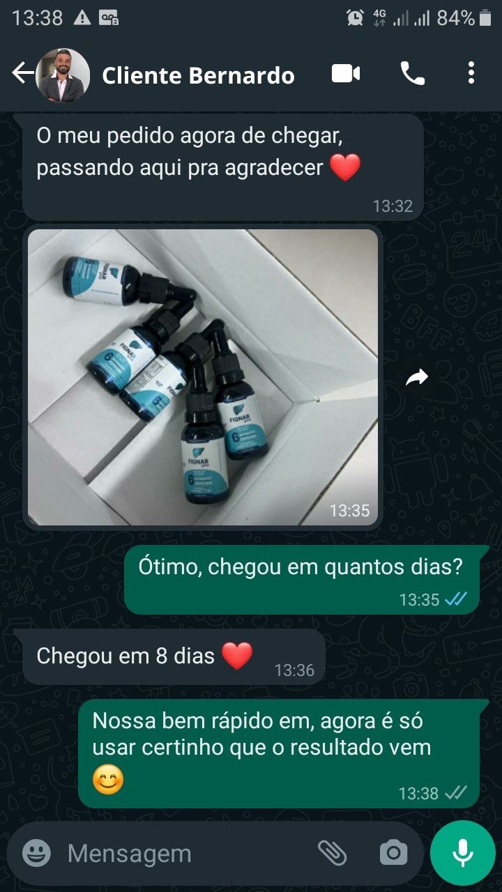 Depoimento WhatsApp cliente Bernardo — recebeu o produto Fignar Gotas