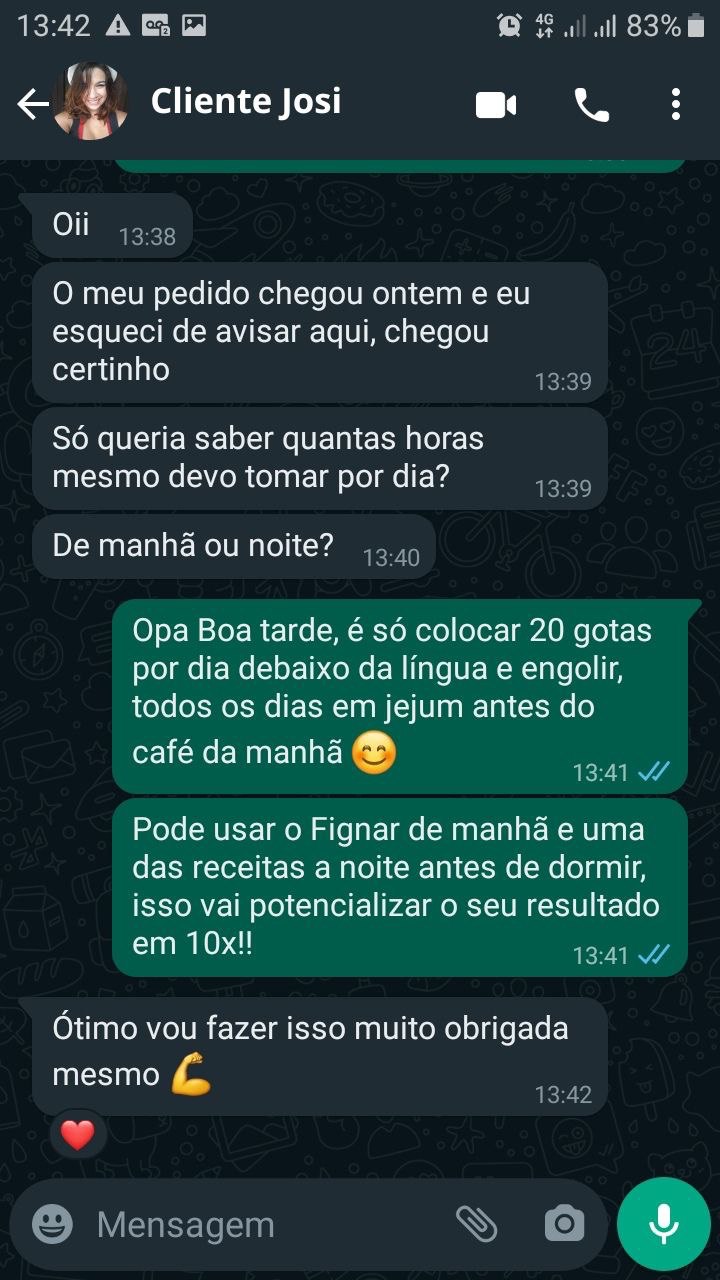 Depoimento WhatsApp cliente Josi — como tomar 20 gotas de Fignar