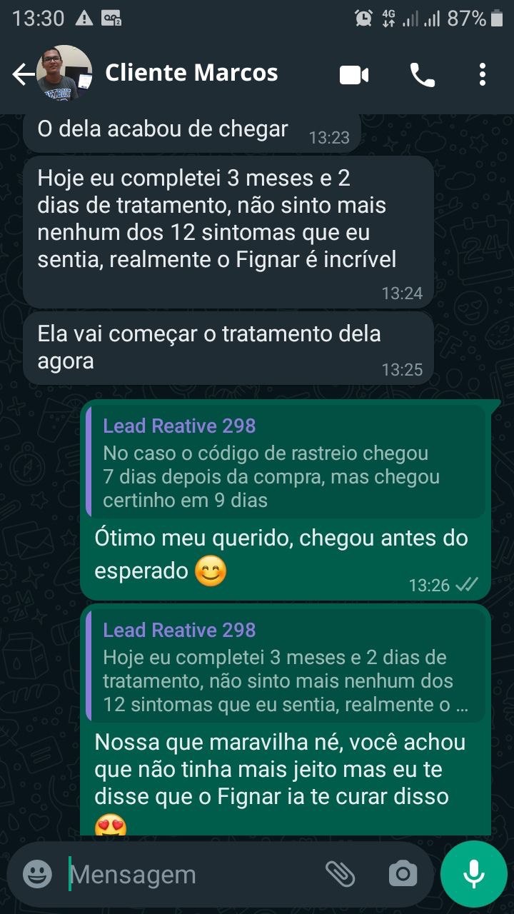 Depoimento WhatsApp cliente Marcos — 3 meses de resultado com Fignar Gotas