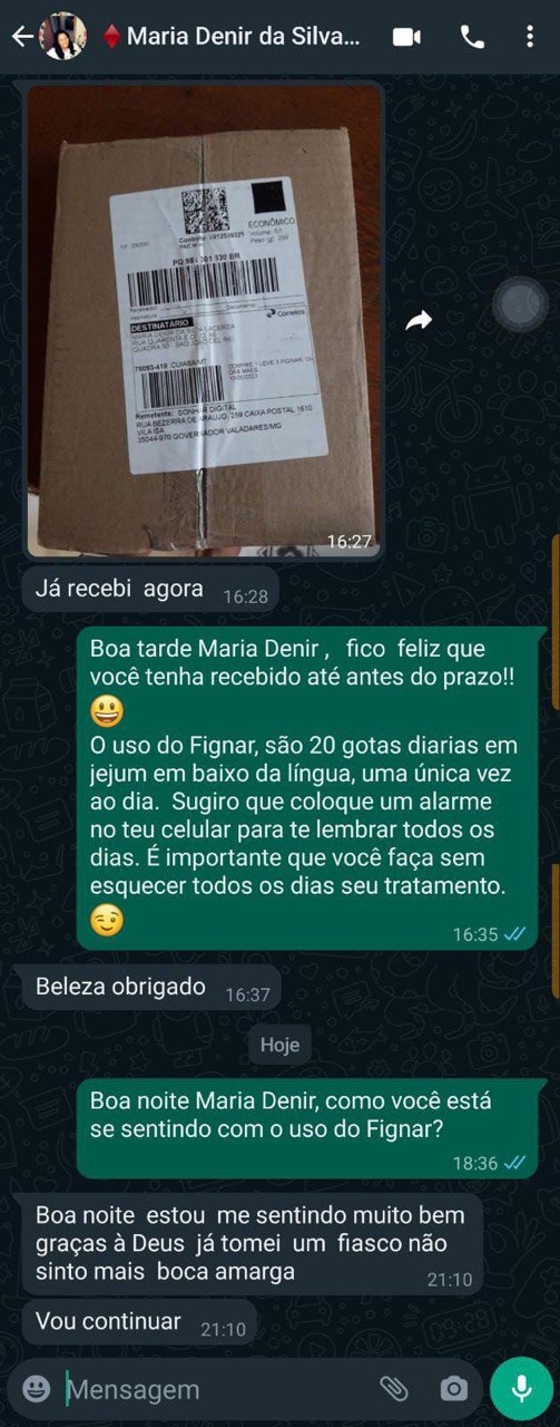 Depoimento WhatsApp cliente Maria Denir — recebeu a caixa de Fignar Gotas
