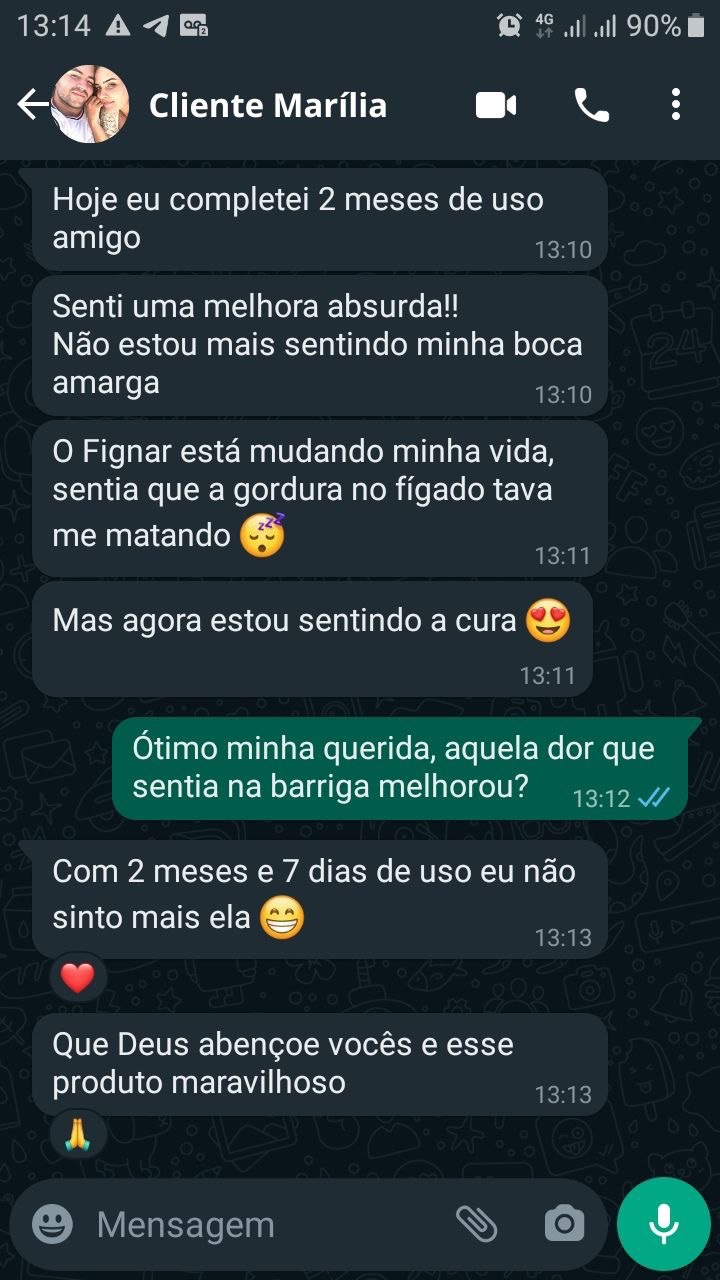 Depoimento WhatsApp cliente Marília — 2 meses tratando gordura no fígado com Fignar