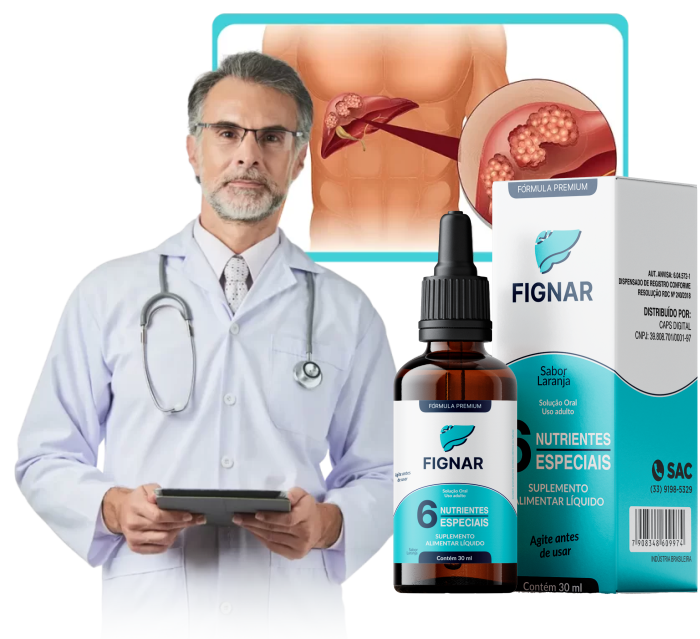 Médico de jaleco branco segurando frasco de Fignar Gotas
